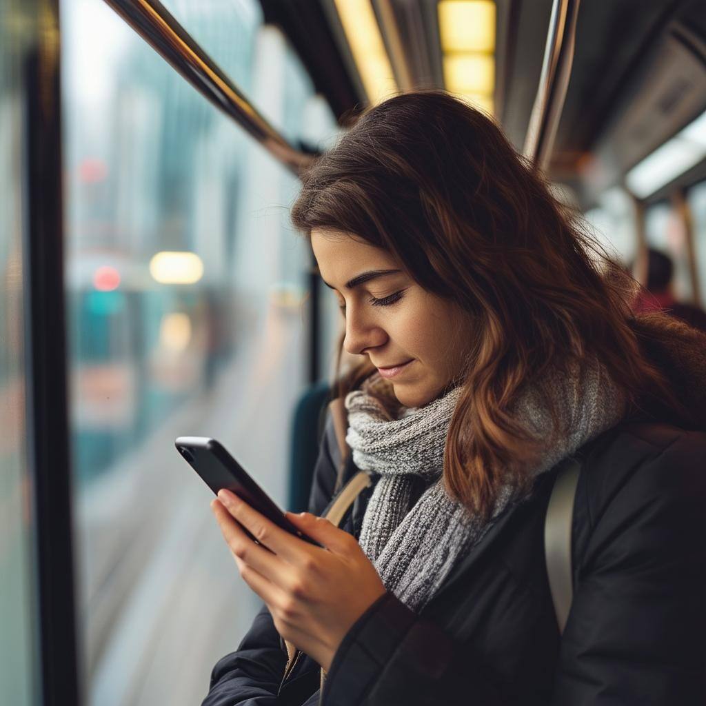 Woman looking at phone on the tram